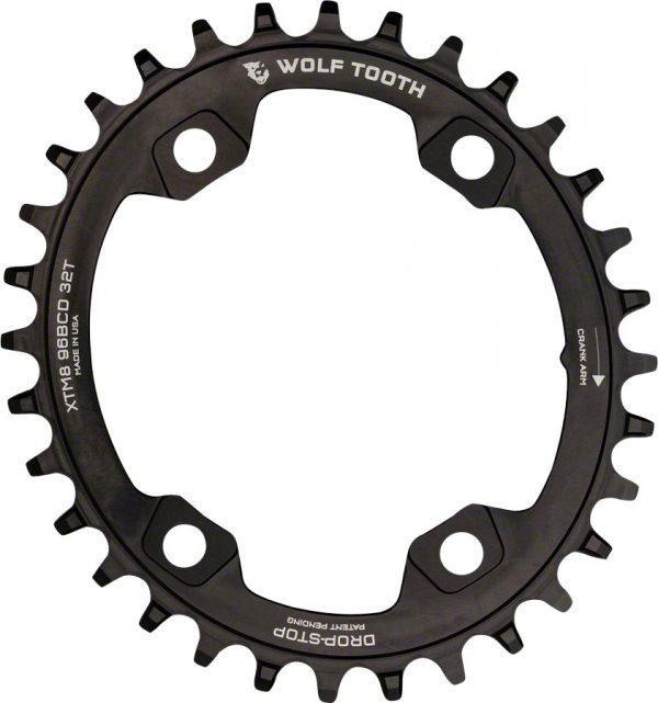 Wolf Tooth Elliptical 96 BCD Chainring - 32t, 96 Asymmetric BCD, 4-Bolt, Drop-Stop, For Shimano XTR M9000 and M9020 Cranks, Black